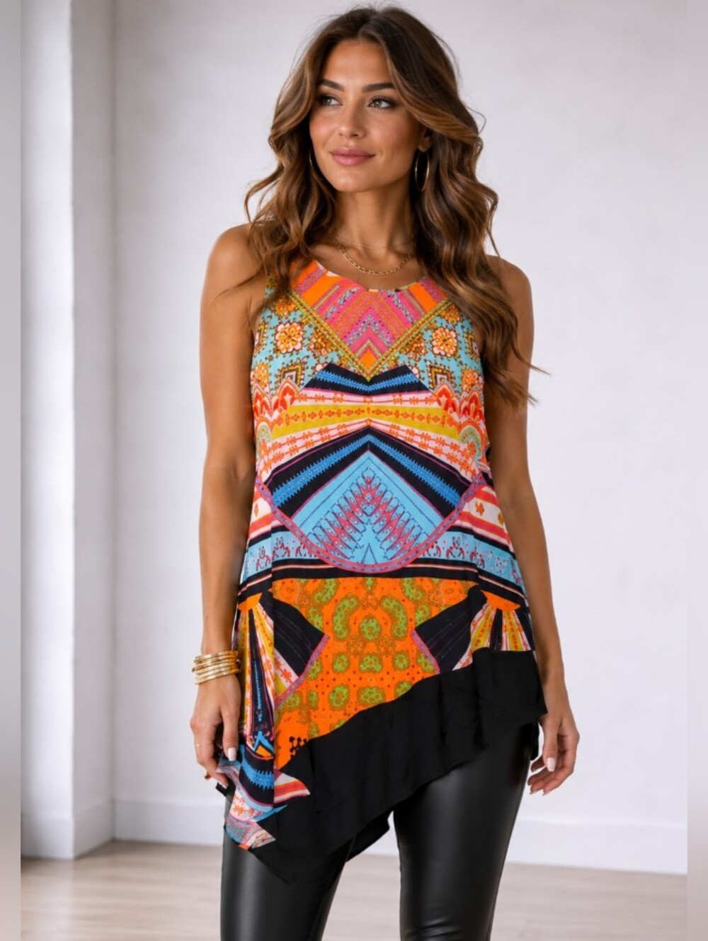 Coco Bianco Vibrant Asymmetrical Sleeveless Boho Chic Tunic Top